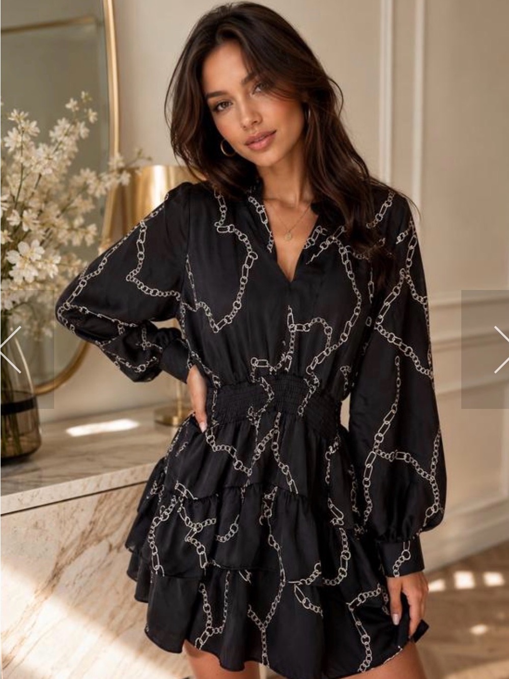 Zara Black Dress with White Chain Print, Smocked Waist Mini